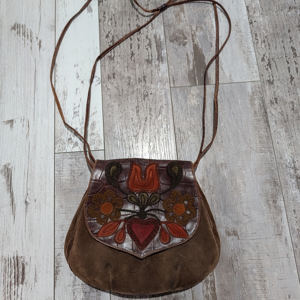 Brown Suede Crossbody Bag with Floral‎ Appliqué